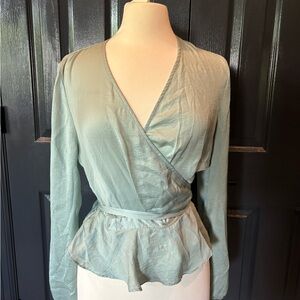 Topshop Green Wrap Peplum Blouse Long Sleeve